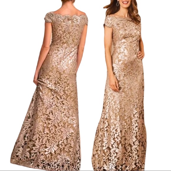 Tadashi Shoji x BHLDN Odette 4 & 10 Gold Green Sequin Lace Maxi Gown - Picture 6 of 13